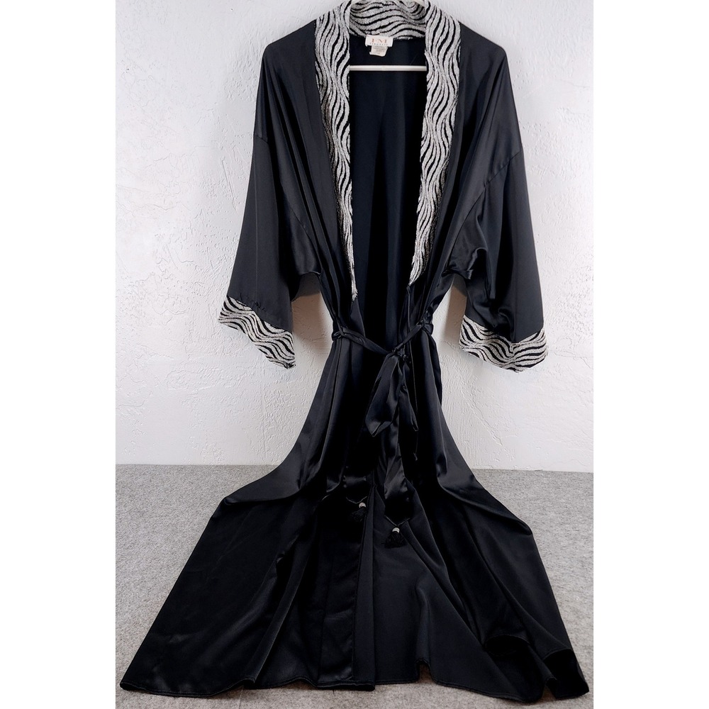 FM Lingerie Black Zebra Trim Satin Tassel Belted Long Robe Kimono Womens 1X